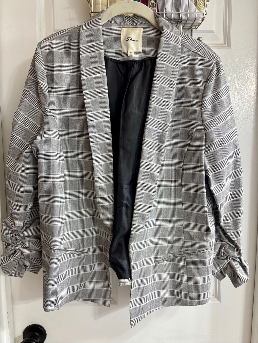 Takara Gray Plaid Open-Front Blazer with Black Lining and 3/4 Sleeves